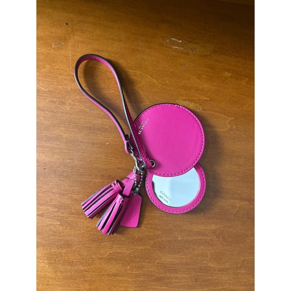 Coach Accessories - Coach Pink Leather Tassel Bag Charm Round Compact Mirror Keychain Silver Hardwar